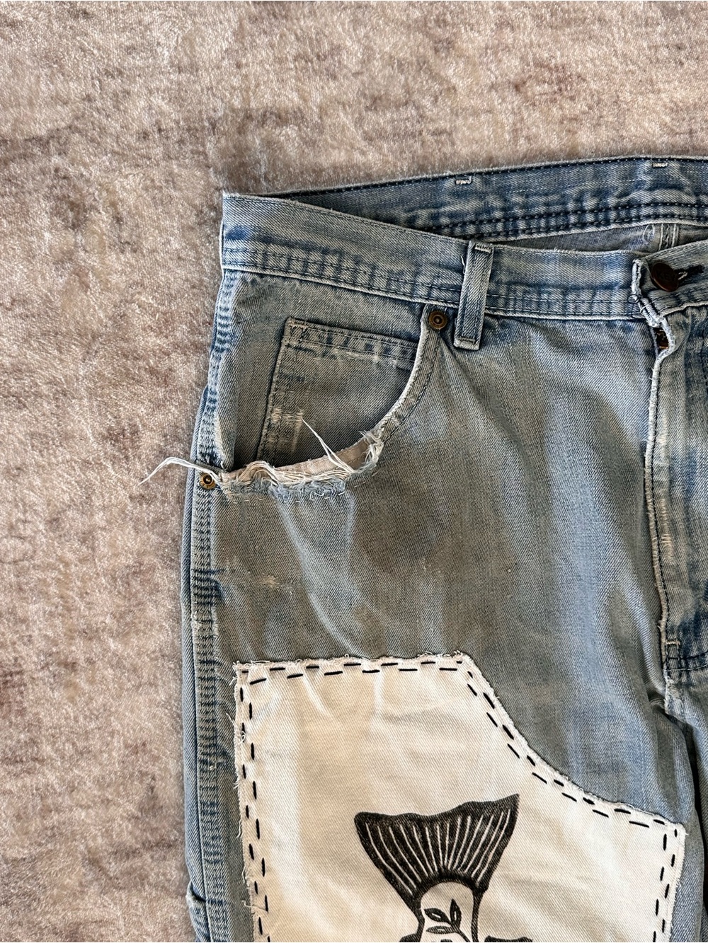 Upcycled Fish Block Print Double Knee Vintage Jeans - Picture 5 of 7